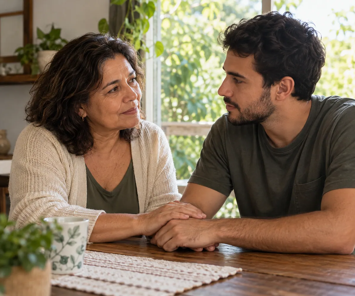 Familiares em uma conversa acolhedora à mesa
